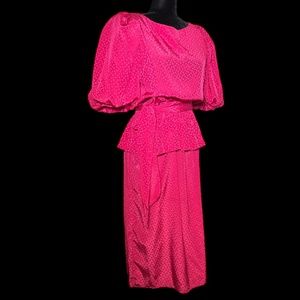 Patty O'Neil - 80's Polka Dot - Peplum - Puffed Shoulders Dress- Size